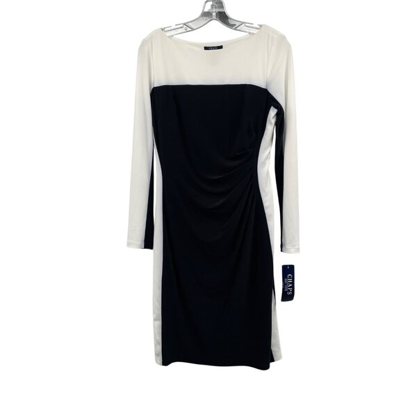 Chaps Womens Ruched Sheath Dress Long Sleeve Black/Ivory Colorblock Size M New - Picture 1 of 8